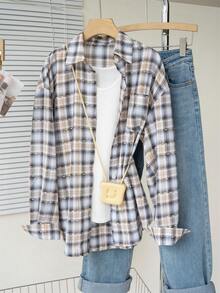Casual Japanese Style Plaid Shirt, Women's Autumn/Winter Outerwear, Loose Fit Flattering Collared Long Sleeve Top With Unique Texture, Lightweight Sun Protection - Brown - View 1