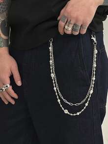 1 pieza Cinturón de cadena de jeans de doble capa con decoración de perlas falsas, accesorio elegante para hombres, adecuado para uso diario y como regalo