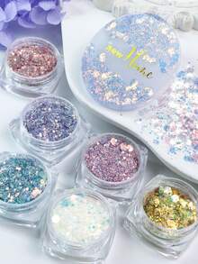 6瓶美人鱼彩色闪粉填充剂，类似五彩纸屑，适用于环氧树脂模具填充、DIY工艺品制作、艺术项目装饰、珠宝铸造