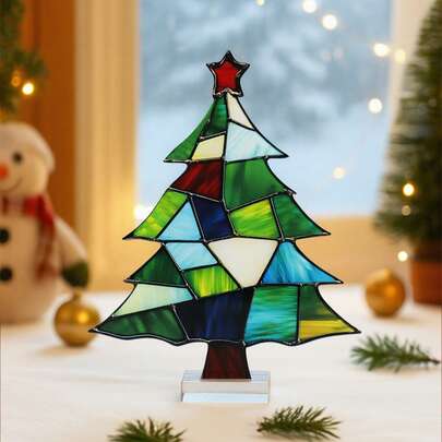 1件圣诞复古风格彩色亚克力圣诞树装饰品，彩色马赛克设计，适用于室内桌面、窗台、壁炉架、户外花园场景家居装饰、圣诞装饰、房间装饰、冬季圣诞装饰、家居圣诞礼物、圣诞装饰品