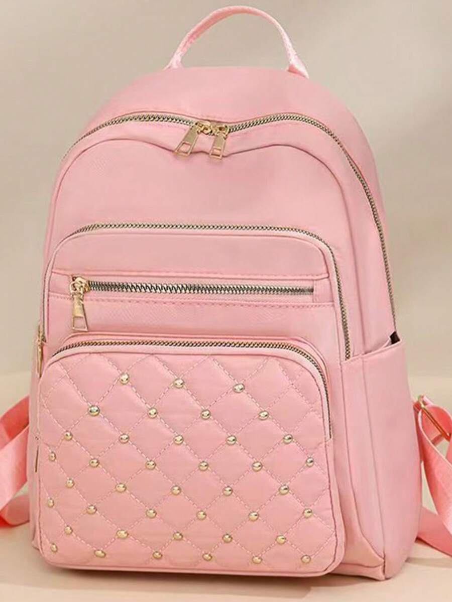 双肩包女新款菱格大容量旅行时尚全包休闲包牛津布女背包 - 粉色 - 查看 1