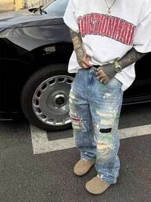 American High Street Mud Dyed Distressed Jeans For Men And Women, Splashed Ink, Lazy And Dragging, Loose Wide Leg Pants - 藍色 - 查看 1