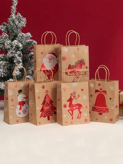 24pcs/6pcs Christmas Gift Bags, Santa Claus, Christmas Tree Printed Kraft Paper Bags, Gift Wrapping Bags, Party Decoration Tote Bags, Christmas Decorations, Christmas Party Supplies, Gift Bags, Tote Bags, Packaging Bags. With Santa Claus, Christmas Tree, Snowman, Reindeer, Christmas Bell, Christmas Sleigh Patterns. For Gift Packaging, Shopping Packaging. Christmas.