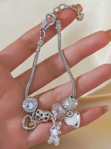 1 件简约镂空串珠吊坠手链，多元素手链，饰有刺猬、兔子、星月、蝴蝶、西瓜珠，环绕星星 DIY 创意手链，可调节龙虾扣 - 彩色 - 查看 17