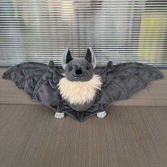 Cute Grinning Bat Plush - New Design Mini 9" Body With 18" Wingspan, Ultra-Soft Furry Neck Halloween Companion, Sweet Gothic Bedroom Accent For Kawaii Goth Lovers & Cozy Home Car Decor