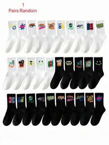 1/5/10/20双/包随机款式女士数字趣味图案条纹黑白纯色嘻哈复古风格运动中筒袜 - 彩色 - 查看 12