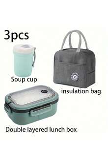 3pcs Plastic PP Bento Box Set With Lid, Compartments, Reusable, Microwave , Includes Cutlery And Insulated Lunch Bag With Zipper, Suitable For Office, School, Home, Outdoor, Travel, Camping