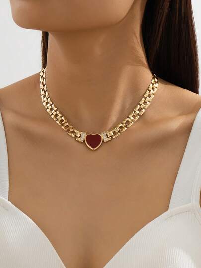 复古欧美几何方链红色滴油水钻心形吊坠项链，时尚高端优雅性感女士项链