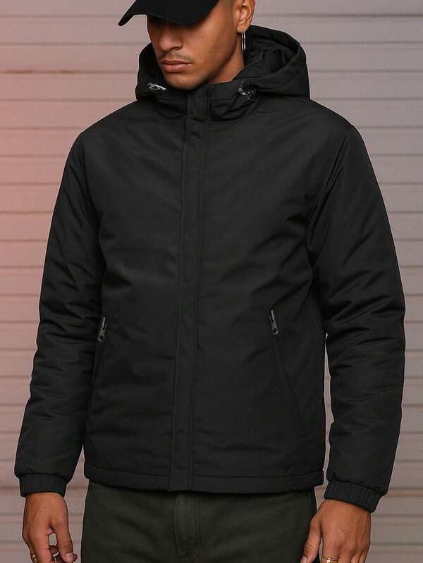 1pc Men's Basic Black Hooded Padded Coat, Suitable For Casual Daily And Office Wear, Winter Cotton Outerwear