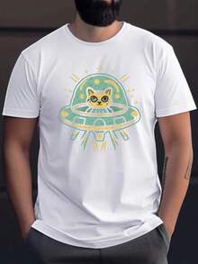 Camiseta de manga corta con cuello redondo y estampado gráfico de gato espacial vibrante para hombres - Suave, transpirable, top casual de verano para actividades al aire libre - Diseño gráfico único, ajuste relajado, ropa de hombre para vacaciones de verano - Blanco - Ver 3