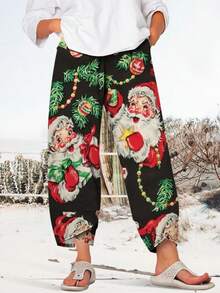 Women's Fashionable Casual Vacation Style Elegant Versatile Outdoor, Home, Travel, Work Pants, New Autumn/Winter Design With Santa Claus Print And Pockets
