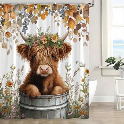 Highland Cow Eucalyptus Shower Curtain, Fall Leaves Print, Waterproof Polyester With Grommets, Farmhouse Bathroom Decor, Holiday Gift Idea
