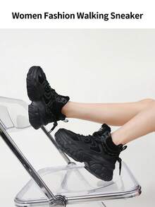 somiliss 女式保暖内衬高帮休闲运动鞋，系带前部，厚底，保暖内衬，时尚雪地靴，冬季，黑色 - 黑色 - 查看 5