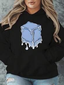 Plus Size Casual Hooded Sweatshirt With Melted Block Graphic, Women's Long Sleeve  Pullover With Slight Stretch, Fall Winter Oversized Hoodie With Knit Fabric - Pocket Included - màu đen - Xem 1