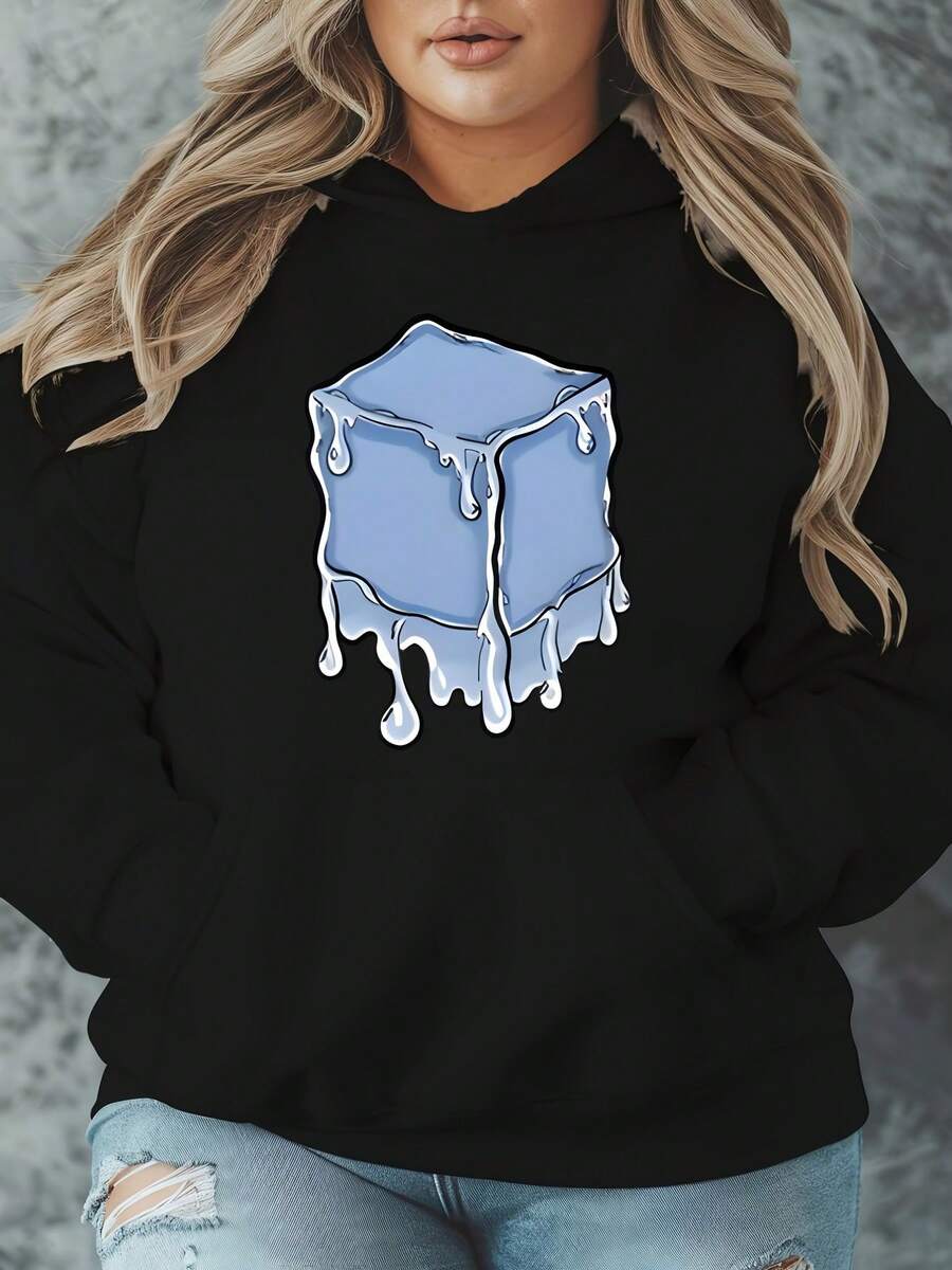 Plus Size Casual Hooded Sweatshirt With Melted Block Graphic, Women's Long Sleeve Pullover With Slight Stretch, Fall Winter Oversized Hoodie With Knit Fabric - Pocket Included - màu đen - Xem 1