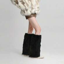 PHOGARY Faux Fur Fuzzy Leg Warmers Furry Boot Covers For Women Girls, Furry Boot Cuffs Fuzzy Shoes Cover Socks For Costumes - màu đen - Xem 4