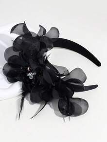 1 pieza Diadema elegante con flor de strass y plumas para fiesta, aro para el cabello, accesorios para el cabello para el hogar - Negro - Ver 3