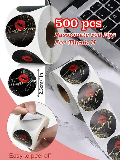 500 Stück leidenschaftlich rote Lippen Danke Aufkleber, 2,5 cm rund, Weihnachten Neujahr Kuss Umschlag Siegel Party Geschenk Verpackung DIY Dekoration, Hochzeitsdekoration, wasserfeste selbstklebende PVC Aufkleber