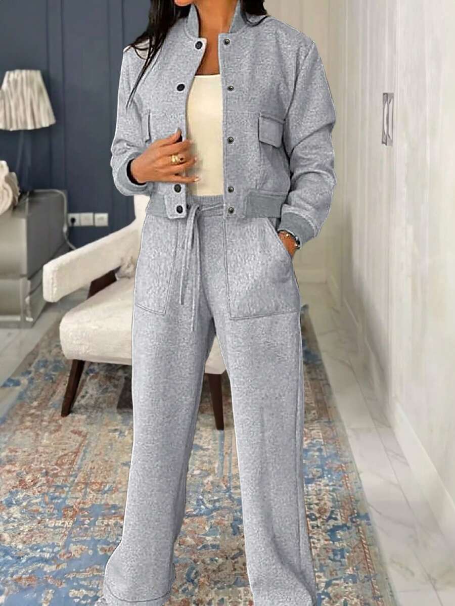 2pcs/Set Women Casual Jacket And Straight Leg Pants - Grey - View 1