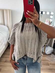 Pullover Knit Cropped Women's Sweater Tops Summer Female Crop Knitwears Short -Sleeved Elegant Knitted Top Fashion Ladies Sweater Autumn Outfits Women Winter Tops - Grey - View 10