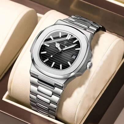  Marca de regalo de reloj de negocios de lujo para hombres POEDAGAR 50M Marcador cuadrado resistente al agua con fecha Marcadores de diamantes 316 Movimiento de cuarzo japonés de acero inoxidable 316L plateado - Batería premium incorporada de ultra larga duración, papá, hermanos, parejas, cumpleaños, vacaciones, exámenes, regreso a clases, esenciales