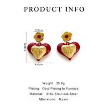 Monlansher 新款女士心形耳环，不锈钢与树脂撞色心形设计，时尚、个性化、奢华，适合日常佩戴 - 金色 - 查看 9