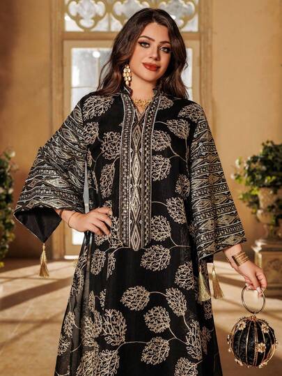 Women's Colorblock Sequin Embroidered V-Neck Dress, Elegant Long Sleeve A-Line Dress, Suitable For Party, Wedding Guest, Islamic Clothing For All Seasons Spring Vacation Black
