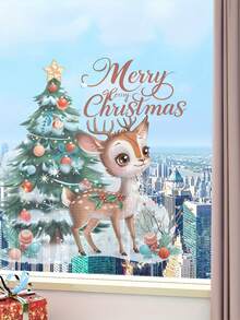 1 pièce Autocollant de fenêtre de renne de Noël festif - PVC, auto-adhésif, design de dessin animé classique avec scène enneigée et accents de houx, idéal pour la décoration de la maison et les cadeaux de Noël, décoration de Noël