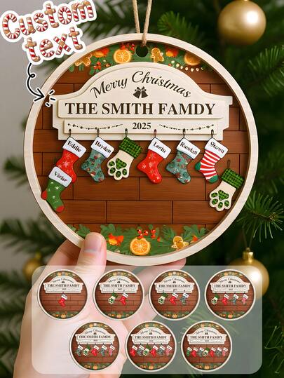 1 PIEZA Adorno personalizado de calcetín navideño con apellido familiar Decoraciones redondas de madera personalizadas con diseño festivo duradero y vívido. Nombre personalizado, tema de calcetín navideño para la chimenea, perfecto para reuniones familiares, decoración del árbol de Navidad y del hogar