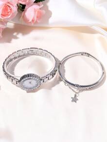 2 PIEZAS Reloj de mujer elegante y de moda, esfera de aleación redonda con escala de diamantes de imitación y incrustaciones de diamantes de imitación, con cadena de plata con diamantes de imitación en forma de estrella de cinco puntas, adecuado para festivales, bodas, fiestas y uso diario, es el mejor regalo para damas.
