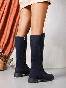 Women's Nude Suede Knee-High Riding Boots For Autumn/Winter, Thermal Lining For Warmth, Side Zipper Design For Easy On/Off, Slim Shaft For Elegant Height, Chunky Heel For Comfort, Classic Plain Style Suitable For Multiple Occasions,Party - Royal Blue - View 4