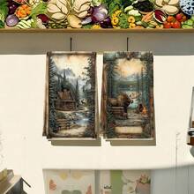 1 set/2 piezas/100 piezas Cabaña en el bosque con banco y patrón de alce Toallas de cocina y paños de cocina, adecuados para decoración de interiores en restaurantes, cocinas y baños, decoración de fiestas, regalos de festivales, como regalo - Multicolor - Ver 3