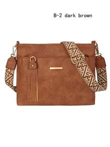 复古休闲斜挎包，大容量，女士休闲斜挎包，可拆卸可调节肩带，拉链封口，适合日常通勤、购物和旅行 - 咖啡棕色、黑色、深棕色，几何图案点缀，纹理表面 - 彩色 - 查看 16