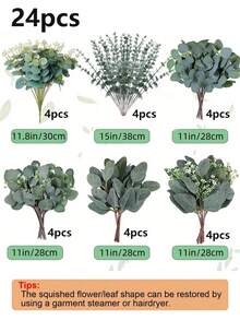 120 piezas Conjunto de tallos de eucalipto mixtos - 6 variedades únicas, hojas de dólar plateadas artificiales realistas para centros de mesa de boda y decoración del hogar, decoraciones navideñas