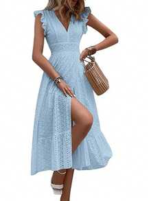 Long Beach Dress With Wrap Hem And Ruffle, Vacation Outfit For Women - Light Wash - View 12