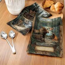 1 set/2 piezas/100 piezas Cabaña en el bosque con banco y patrón de alce Toallas de cocina y paños de cocina, adecuados para decoración de interiores en restaurantes, cocinas y baños, decoración de fiestas, regalos de festivales, como regalo - Multicolor - Ver 6