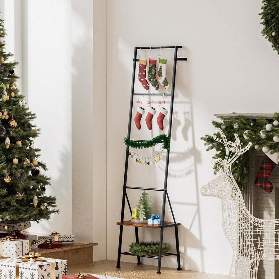 Blanket Ladder With Shelf, Blanket Rack Stand For Living Room, Standing Towel Racks For Bathroom, Freestanding Blanket Holder Rack With Shelf, Rustic Brown - 棕色 - 查看 1