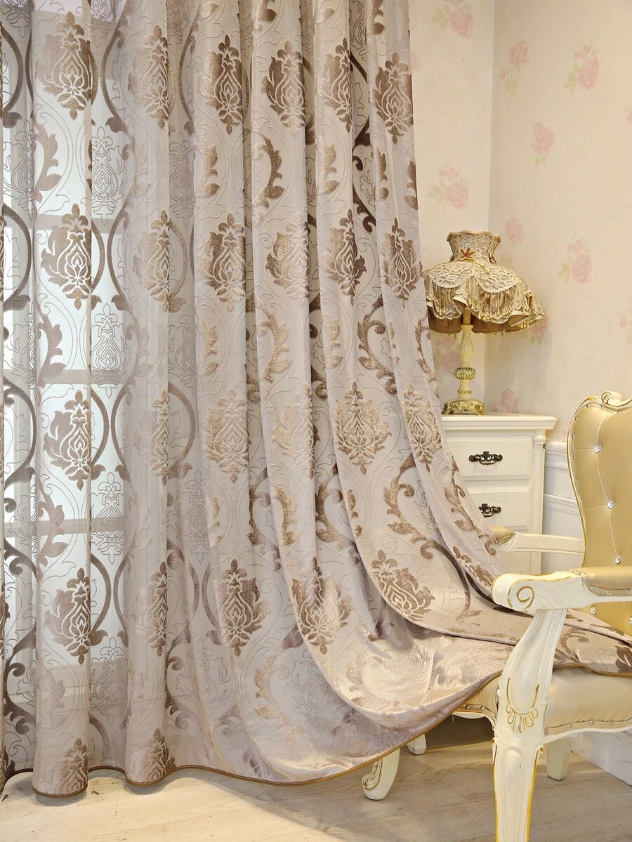 1 buah Tirai Tipis Motif Sakura Bergaya Eropa untuk Ruang Tamu, Kamar Tidur, Balkon, Ruang Makan, Tirai Partisi Semi-Transparan Tebal, Tirai Jacquard Sederhana Bergaya Eropa Warna Abu-abu untuk Dekorasi Rumah - Coffee Brown - View 1