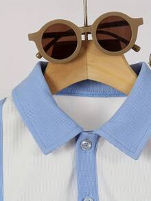 2 件儿童/男童校园风格千鸟格 Polo 领长袖 T 恤和松紧腰裤套装，秋季 - 藍白色 - 查看 3