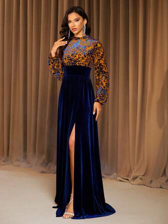Navy Blue Jacquard Collar Long Sleeve Velvet Patchwork Elegant Party Evening Dress