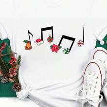 Women's 180g White Cotton Short Sleeve Crewneck T-Shirt With Festive Musical Notes Print – Christmas Theme Graphic Tee With Bells, Santa Hat, Ornaments, Poinsettia, Candy Cane – Comfortable Casual Holiday Top - White - View 9