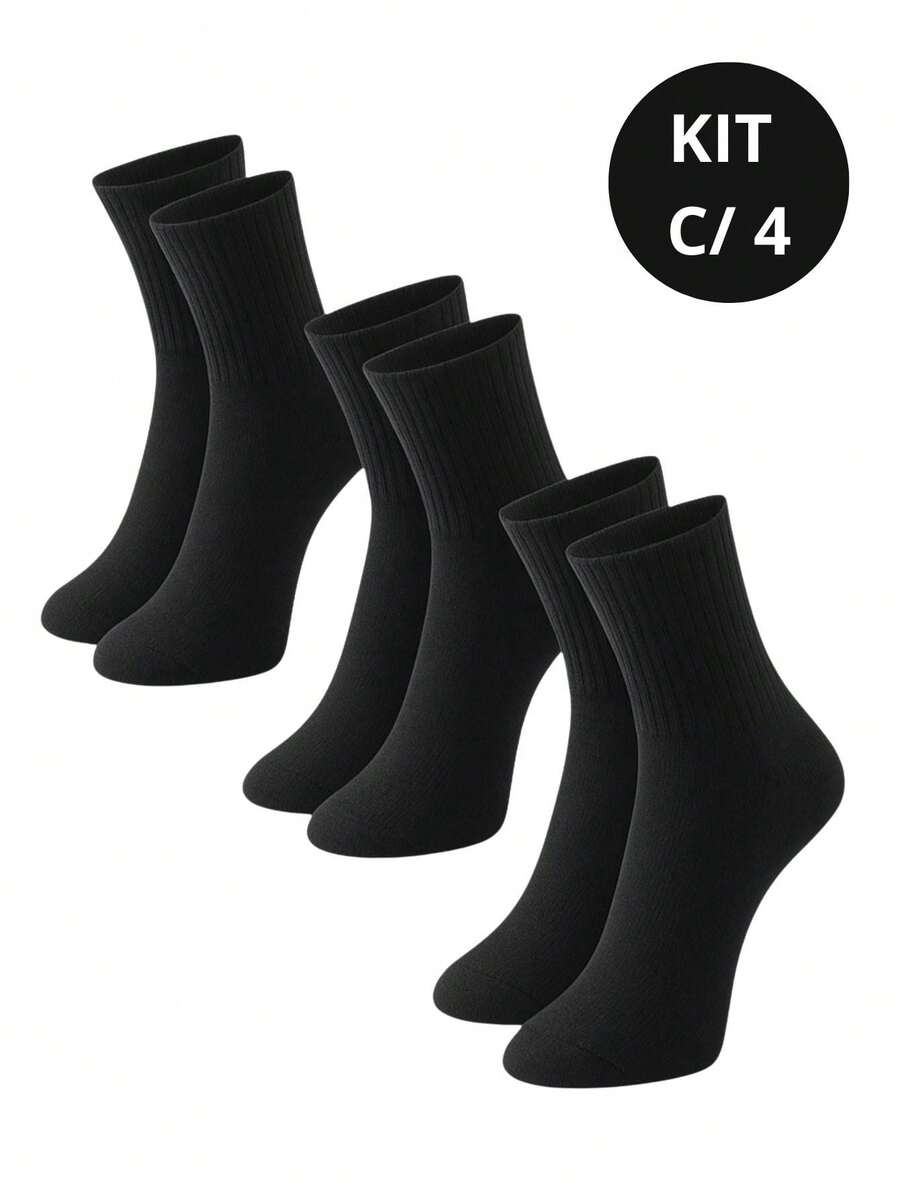 Kit 4 Pares de Meias Pretas Cano Longo Médio Unissex – Versáteis e Confortável para o Dia a Dia - Preto - Visão 1