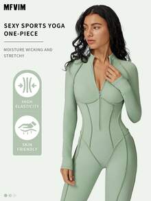 MFVIM Women's Long Sleeve Jumpsuit, Half Zip Design, Tight Fit Sexy Activewear, High Intensity Workout Yoga Outfit - Mint Green - View 3