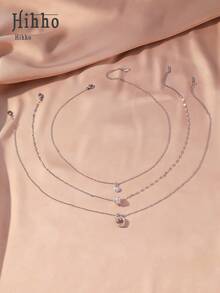 Hihho 3 件时尚休闲锆石镶嵌心形腰部设计个性化创意女士项链套装，派对礼物 - 銀色 - 查看 5