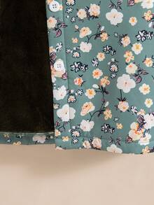 女童休闲碎花纽扣前长袖连帽棉服外套，秋冬 - 軍綠色 - 查看 6