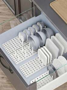 Estantería con partición antideslizante para cajones de cocina para almacenar platos y vajilla, rejilla de escurridor de utensilios, organizador de almacenamiento multifuncional y portátil con ranura para tarjetas, estantería de combinación libre para el hogar - Multicolor - Ver 13