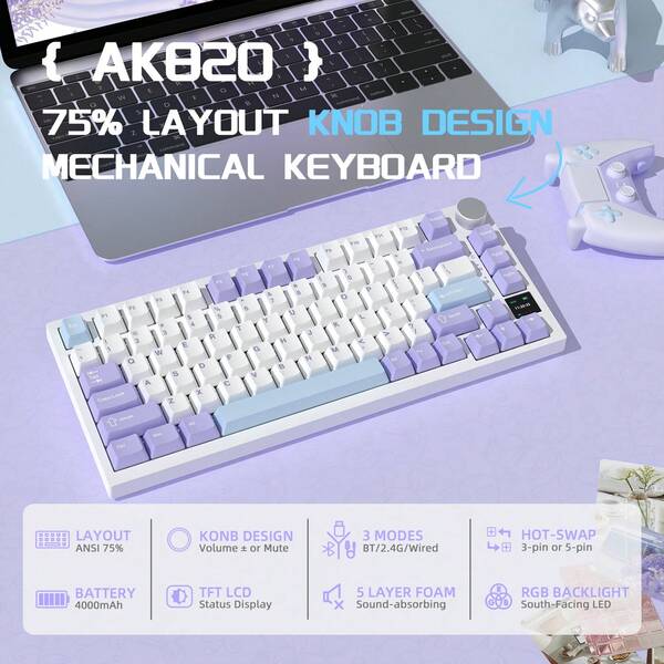 ATTACK SHARK Ajazz AK820PRO mechanische Tastatur mit TFT Smartdisplay & Drehknopf, 2,4G Funk/BT5.1/USB-C Kabel, 75% ANSI Layout, 5 Schalldämmfolien, Hot-Swap lineare Schalter, RGB Beleuchtung, für PC