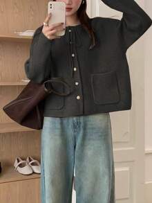 Alicedudu 女士秋冬柔软韩版系带蝴蝶结厚款宽松开衫毛衣 - 深灰色 - 查看 4