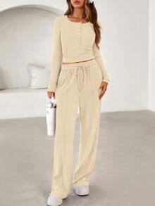 PRETTYGARDEN Women's Spring Fall 2 Piece Outfits Lounge Sets Long Sleeve Top Henley Shirts Wide Leg Pants Travel  Sweatsuit Set Women Clothes Home Clothes Going Out Outfits Sports Valentine Vacation Outfit For Women - 米色 - 查看 6