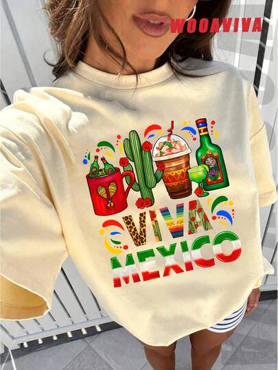 WOOAVIVA Plus Size Summer Y2K Cleanfit Casual Fitted Mexican Fiesta Print, Colorful Drink Cactus Design, Perfect For Party Casual Round Neck Short Sleeve Women T-Shirt, Suitable For Summer, Women Tops